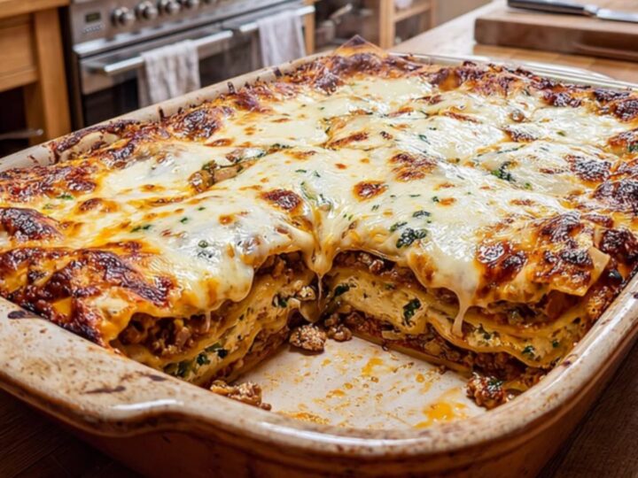 A slice of classic lasagna on a plate showing layers of meat, cheese, and pasta.