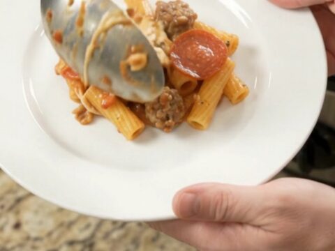 Slow cooker bubbling with cheesy pepperoni sausage ziti