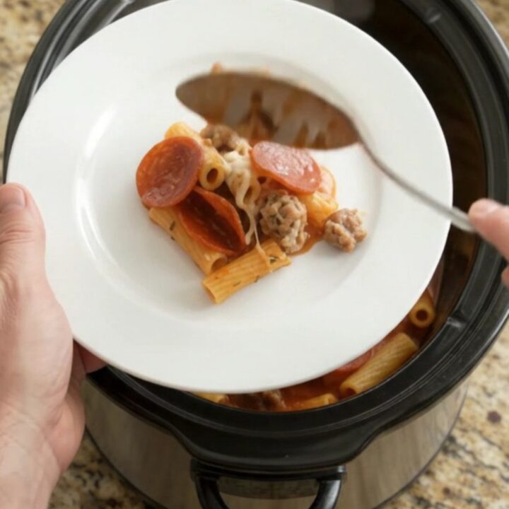 Slow cooker baked ziti with pepperoni, sausage, and melted cheese in a black crockpot