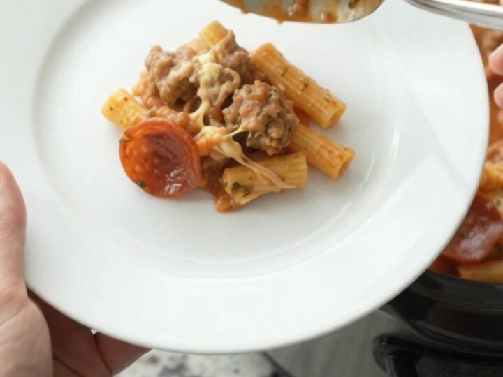 Slow cooker filled with bubbling baked ziti topped with melted provolone and ricotta