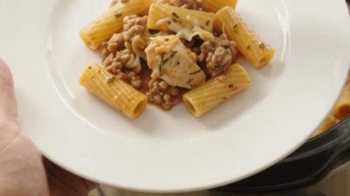 Crockpot Provolone Chicken Bolognese Rigatoni with melting cheese and tender chicken in a slow cooker