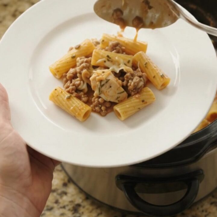 Crockpot Provolone Chicken Bolognese Rigatoni with melting cheese and tender chicken in a slow cooker