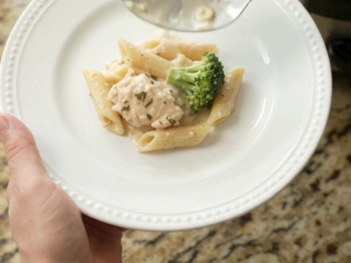 Creamy Crockpot Boursin chicken Alfredo penne with broccoli and melted fontina in a slow cooker