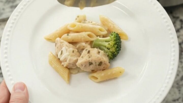 Bubbling Crockpot chicken Alfredo penne with broccoli and melted cheese