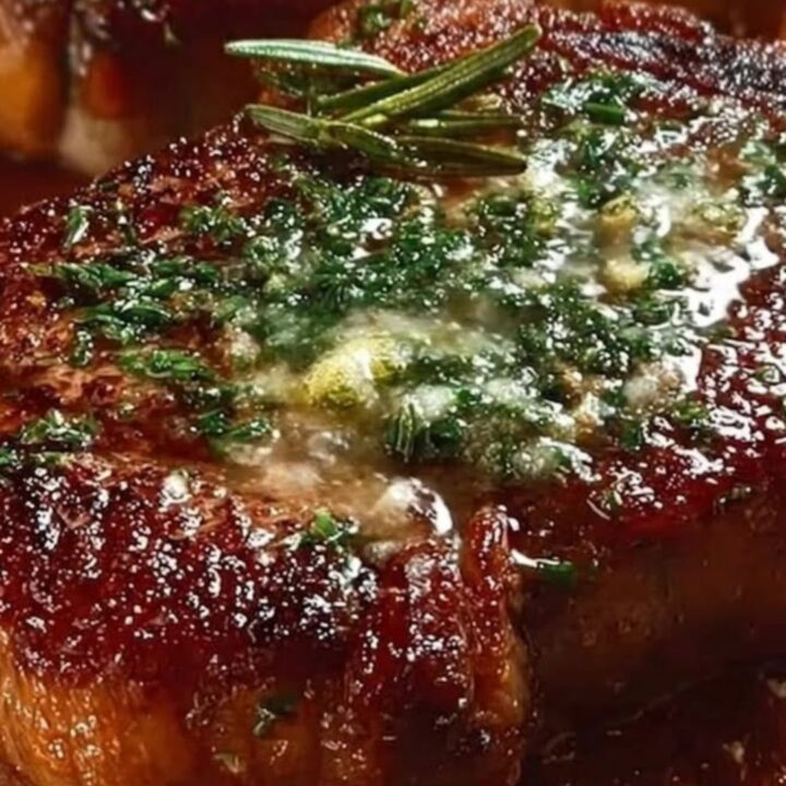 A thick, perfectly seared steak topped with melting garlic herb butter on a rustic wooden board.