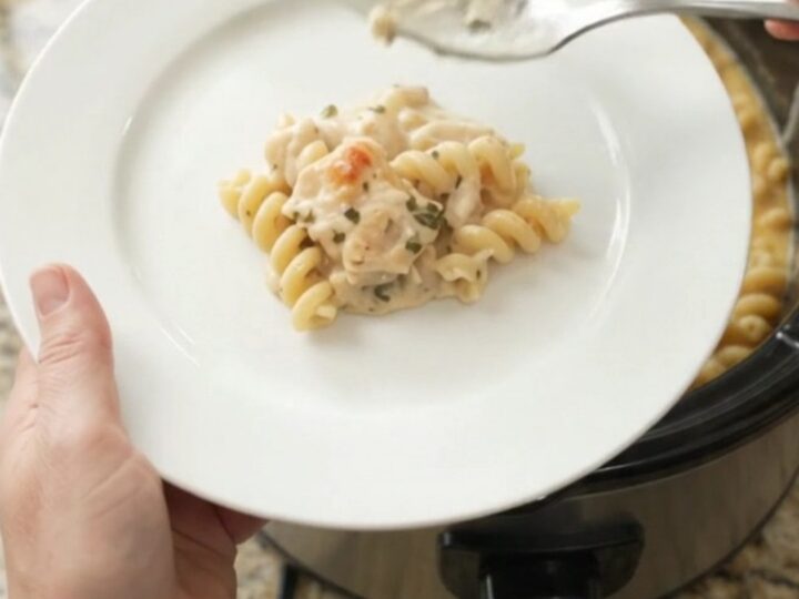 Creamy cavatappi pasta with chicken and melted mozzarella in a slow cooker