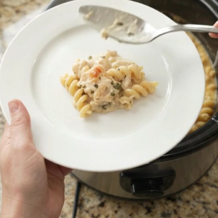 Creamy cavatappi pasta with chicken and melted mozzarella in a slow cooker