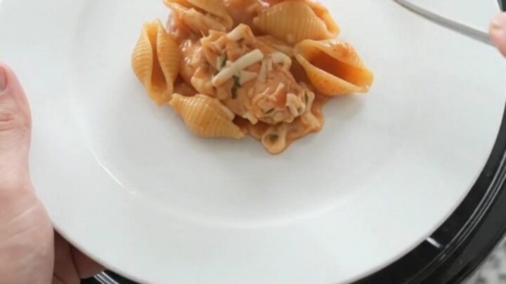 Slow cooker full of creamy pasta with chicken and melted mozzarella, steam rising