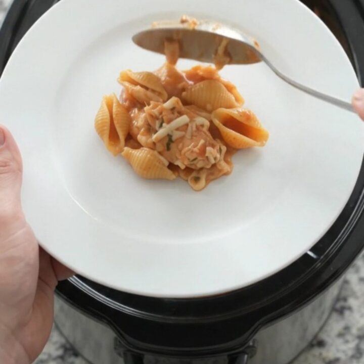 Slow cooker full of creamy pasta with chicken and melted mozzarella, steam rising