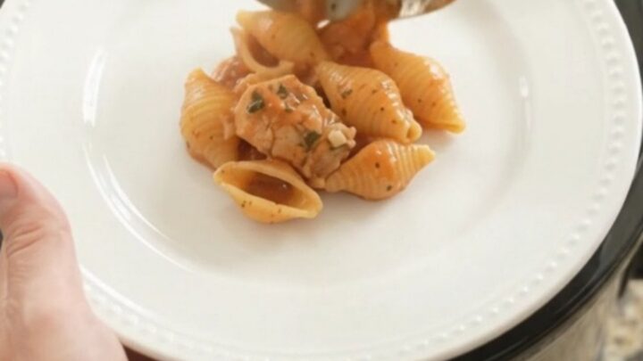 Slow cooker chicken and pasta shells in creamy red pepper sauce topped with melted provolone