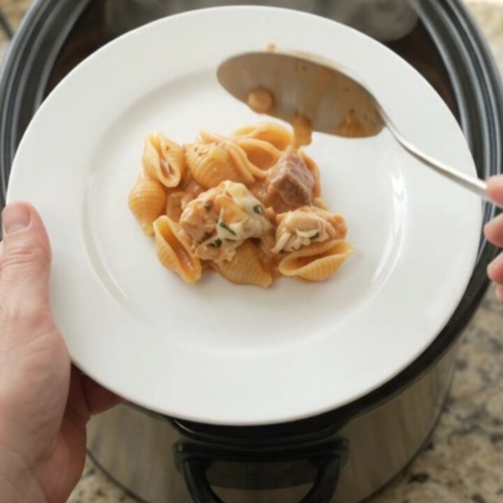 Creamy slow cooker chicken pasta with red pepper sauce and melted cheese