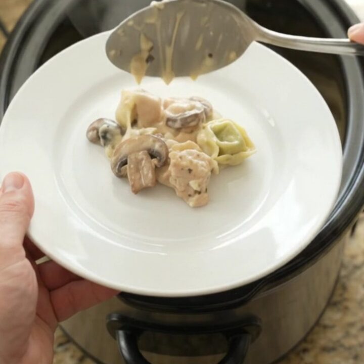 Crockpot chicken spinach tortellini Alfredo with melted provolone and ricotta, served in a slow cooker.