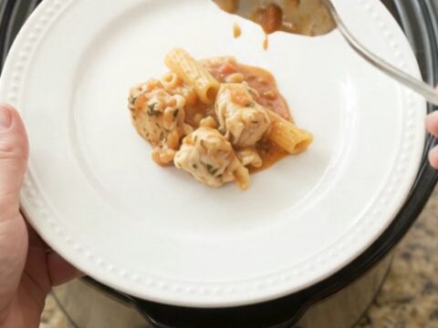 Slow cooker Boursin chicken baked ziti with creamy tomato sauce and melted cheese