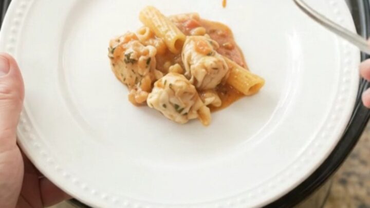 Slow cooker Boursin chicken baked ziti with creamy tomato sauce and melted cheese