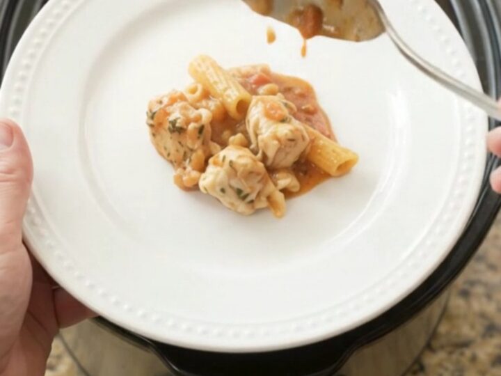 Slow cooker Boursin chicken baked ziti with creamy tomato sauce and melted cheese