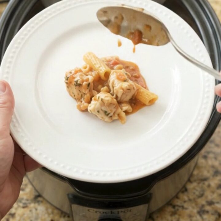 Slow cooker Boursin chicken baked ziti with creamy tomato sauce and melted cheese
