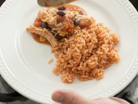Slow cooker fiesta chicken with melted Oaxaca cheese and black beans