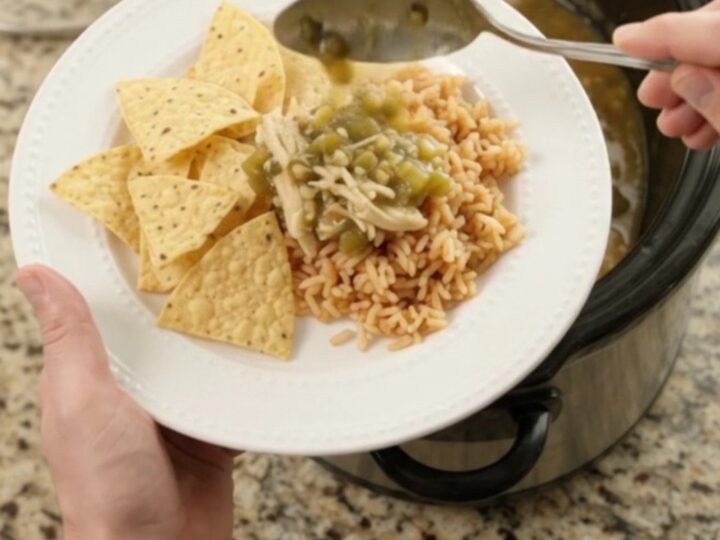 Pepper Jack Salsa Verde Fiesta Chicken bubbling in a slow cooker, with creamy green sauce and shredded chicken