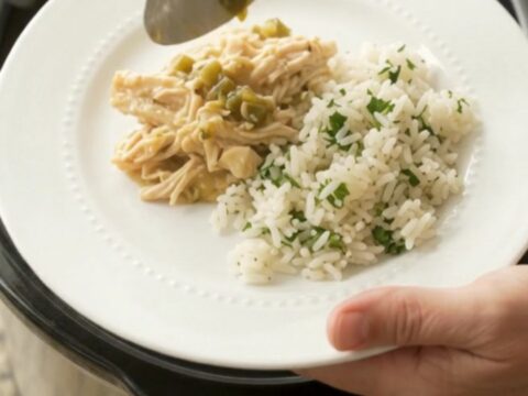 Shredded chicken in creamy salsa verde sauce with melted cheddar, served in a slow cooker