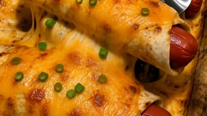 A close-up of a cheesy hot dog tortilla melt showing a dramatic cheese pull with bubbly cheddar and green onions.