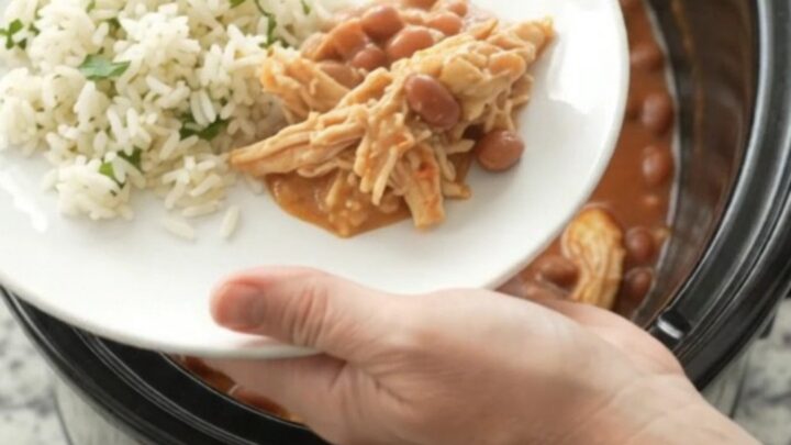 Shredded chicken in creamy red enchilada sauce with melted cheddar, served in a slow cooker with a spoon lifting a bite.