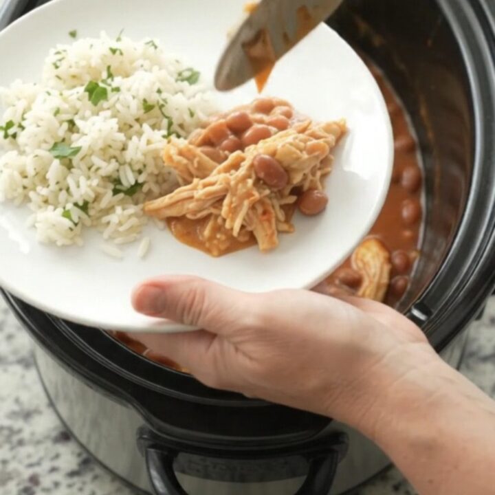Shredded chicken in creamy red enchilada sauce with melted cheddar, served in a slow cooker with a spoon lifting a bite.