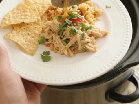 Shredded chicken with peppers and onions in a creamy cheese sauce in a slow cooker