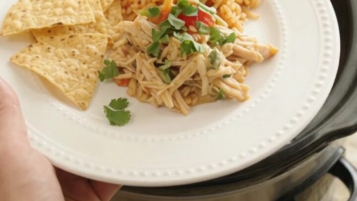 Shredded chicken with peppers and onions in a creamy cheese sauce in a slow cooker