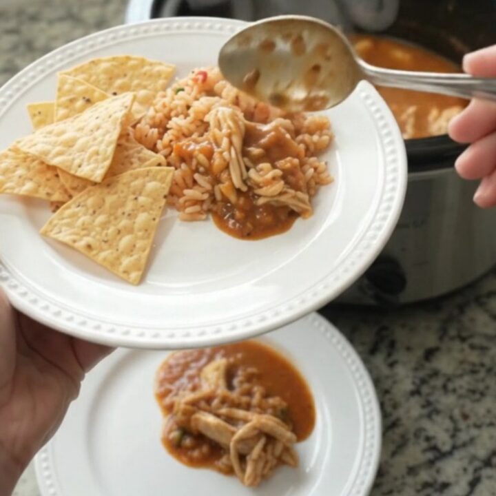 Shredded chicken in a creamy chipotle pineapple sauce with melted pepper jack, served in a slow cooker.