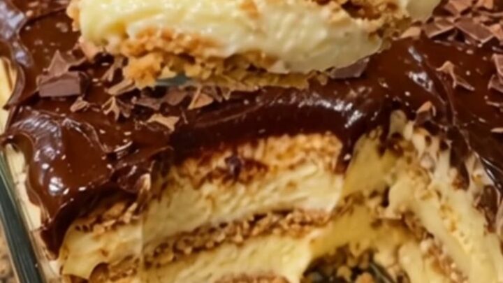 A slice of no-bake eclair cake showing distinct layers of graham crackers and vanilla pudding topped with chocolate ganache.