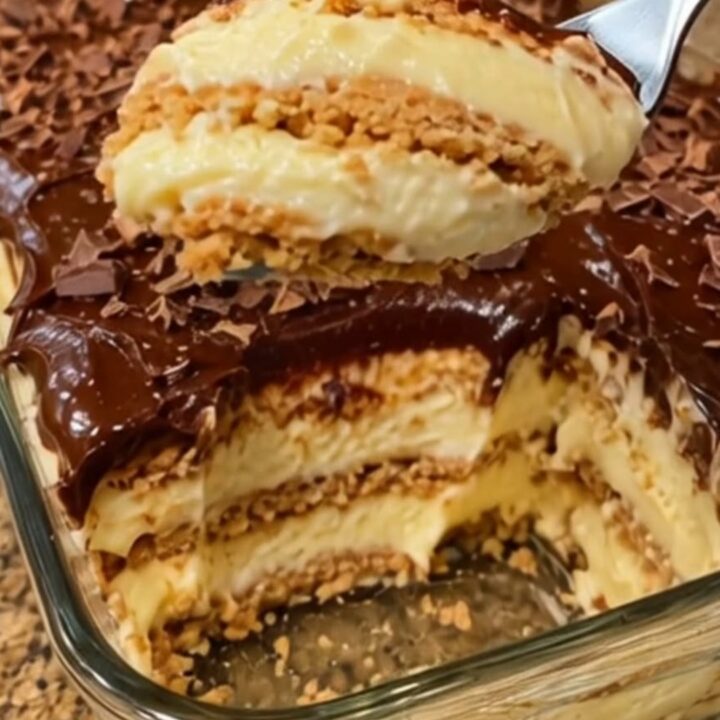 A slice of no-bake eclair cake showing distinct layers of graham crackers and vanilla pudding topped with chocolate ganache.