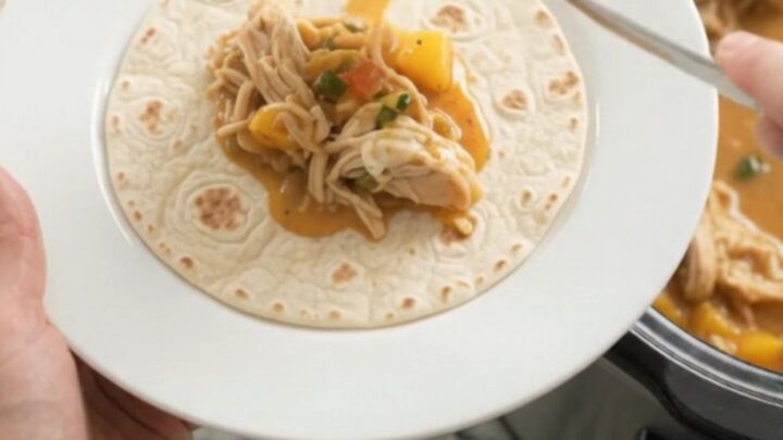 Shredded chicken in creamy mango habanero sauce with melted cheese, served in a slow cooker