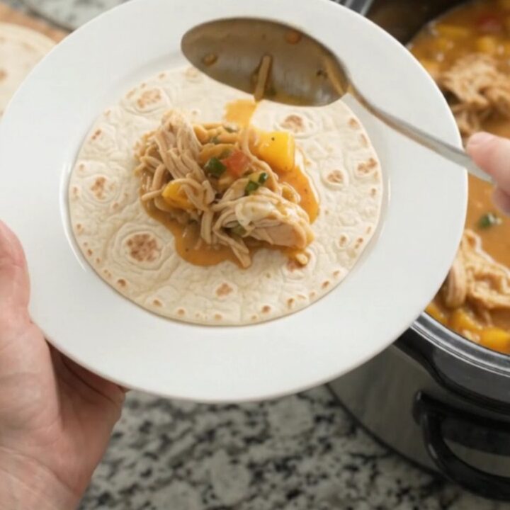 Shredded chicken in creamy mango habanero sauce with melted cheese, served in a slow cooker