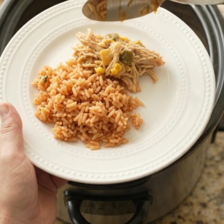 Bubbling Crockpot fiesta chicken with melted Oaxaca cheese and green chiles