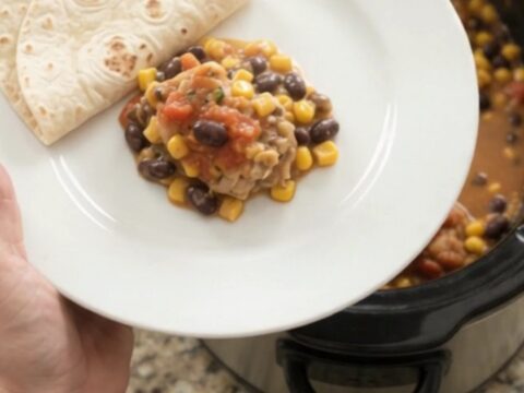 Slow cooker filled with creamy chicken, black beans, corn, and melted Monterey Jack cheese