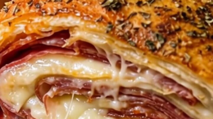 A golden-brown, crispy Italian stromboli cut into thick slices