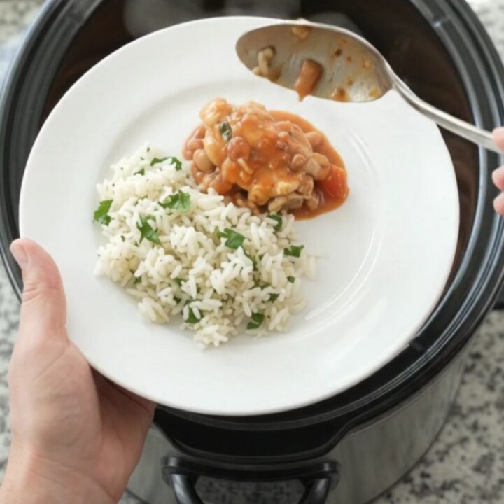 Slow cooker filled with creamy red enchilada chicken and pinto beans, topped with melted cheddar
