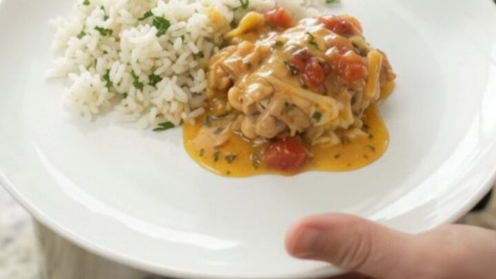 Slow cooker full of creamy cheddar chipotle chicken with pineapple tidbits and melted cheese