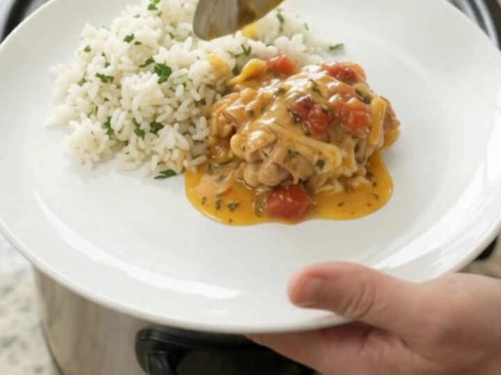 Slow cooker full of creamy cheddar chipotle chicken with pineapple tidbits and melted cheese