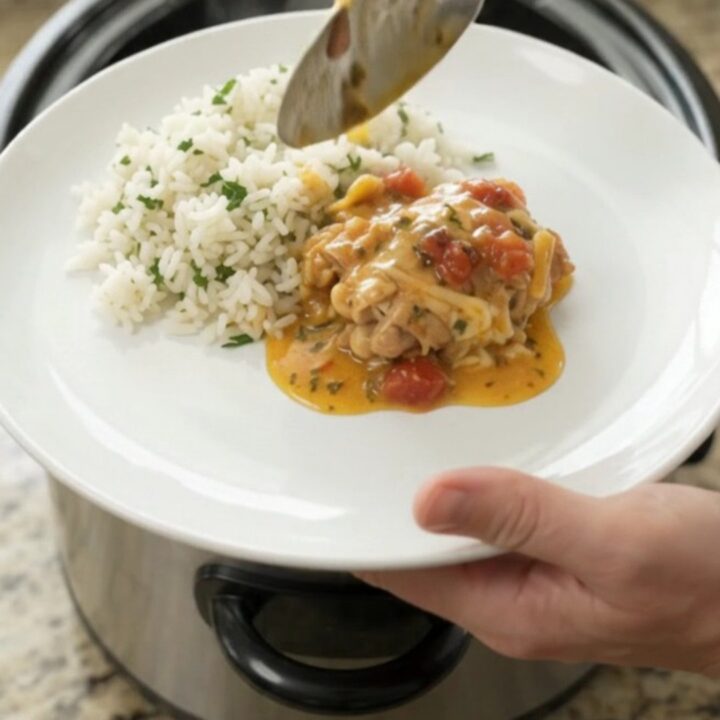 Slow cooker full of creamy cheddar chipotle chicken with pineapple tidbits and melted cheese