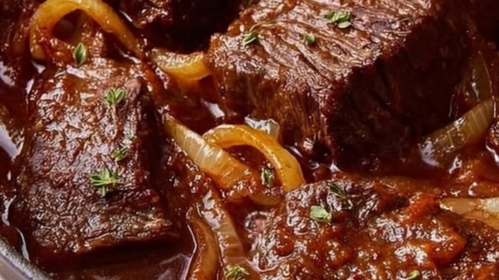 A close-up of tender beef short ribs in a Dutch oven, covered in a rich, glossy red wine and onion sauce.