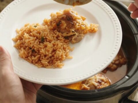 Crockpot chipotle pineapple chicken thighs with melted Oaxaca cheese and rice