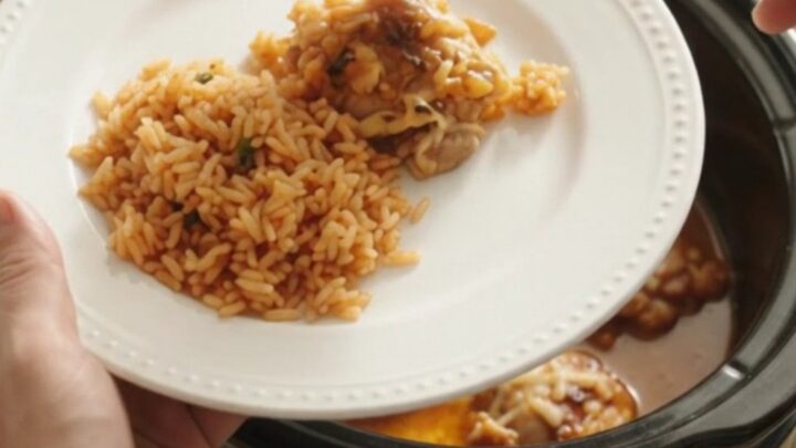 Crockpot chipotle pineapple chicken thighs with melted Oaxaca cheese and rice