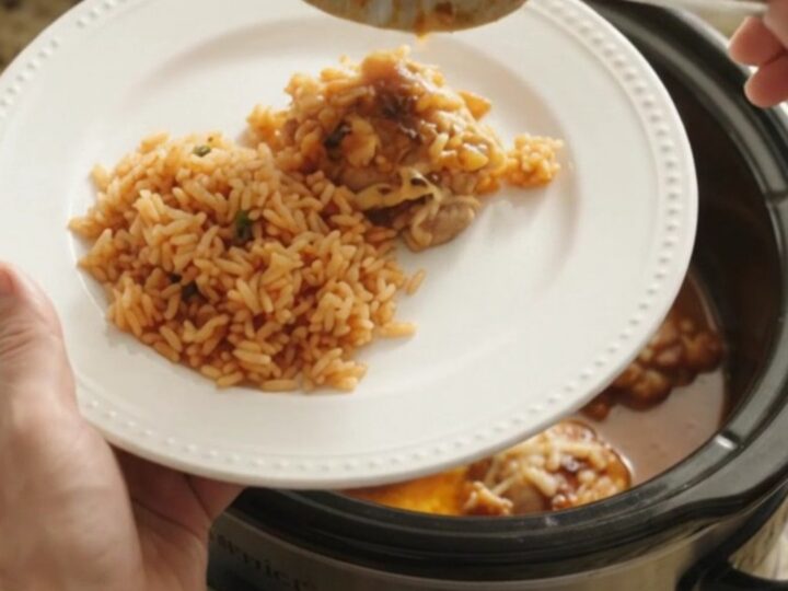 Crockpot chipotle pineapple chicken thighs with melted Oaxaca cheese and rice