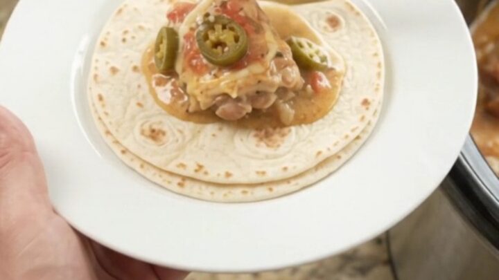Slow cooker chicken thighs in creamy tomato-jalapeño sauce with melted cheese