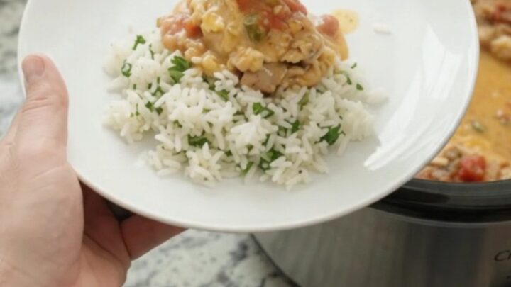 Slow cooker filled with creamy cheddar taco chicken, topped with melted cheese and salsa, with a spoon lifting a scoop.