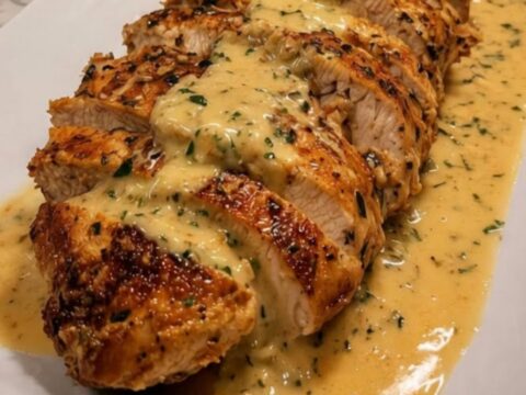 Creamy garlic parmesan chicken served on a white platter with a rich