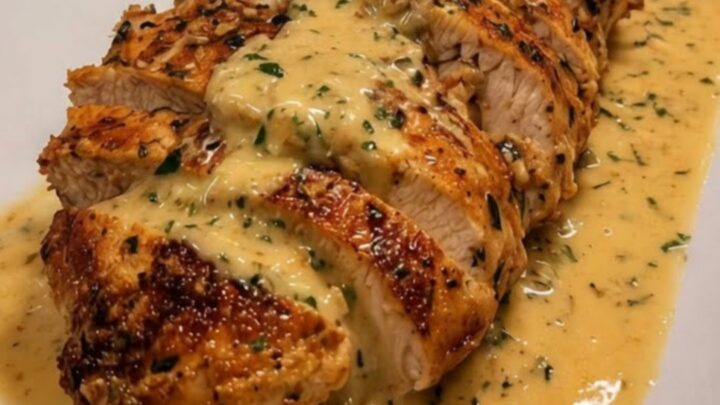 Creamy garlic parmesan chicken served on a white platter with a rich
