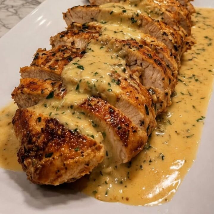 Creamy garlic parmesan chicken served on a white platter with a rich