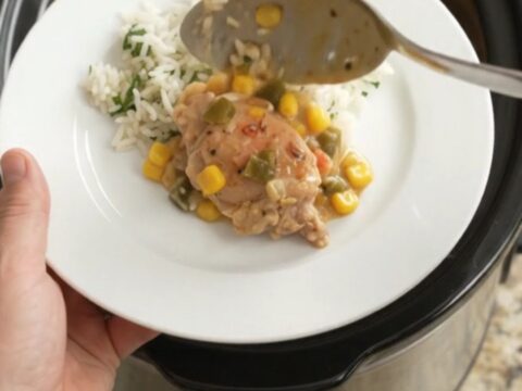 Creamy cheddar and green chile chicken thighs in a slow cooker, topped with melted cheese and corn.